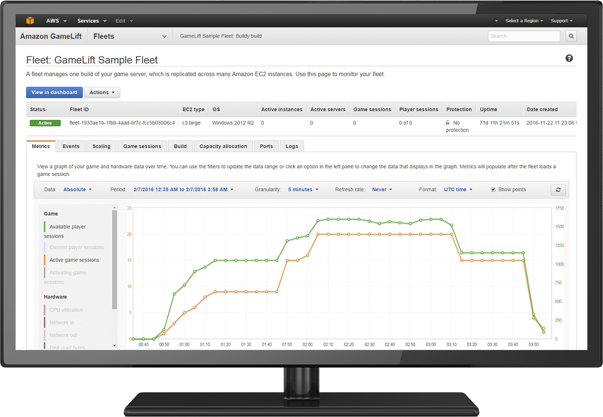 Captura de pantalla de la consola de Amazon GameLift Captura de pantalla de la consola de Amazon GameLift